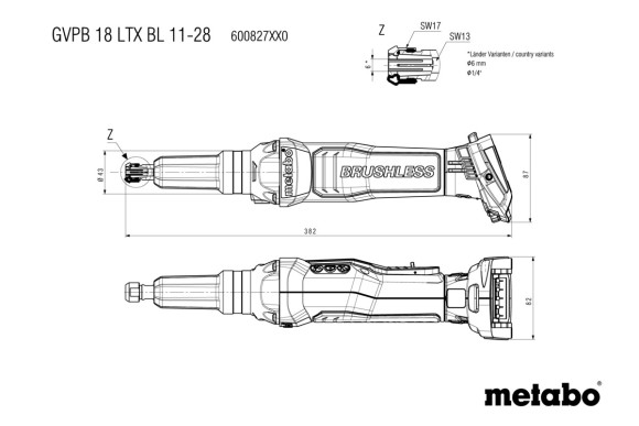 Акумуляторна прямошліфувальна машина Metabo GVPB 18 LTX BL 11-28 каркас (600827850)