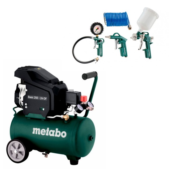 Компресор безмасляний Metabo Basic 250-24 OF, 24л + Набір пневмоінструменту Metabo LPZ 4 Set (691247000)