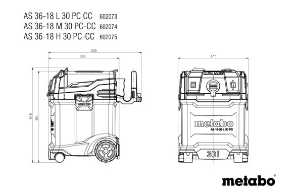 Аккумуляторный пылесос Metabo AS 36-18 M 30 PC CC, 18В, каркас (602074850)